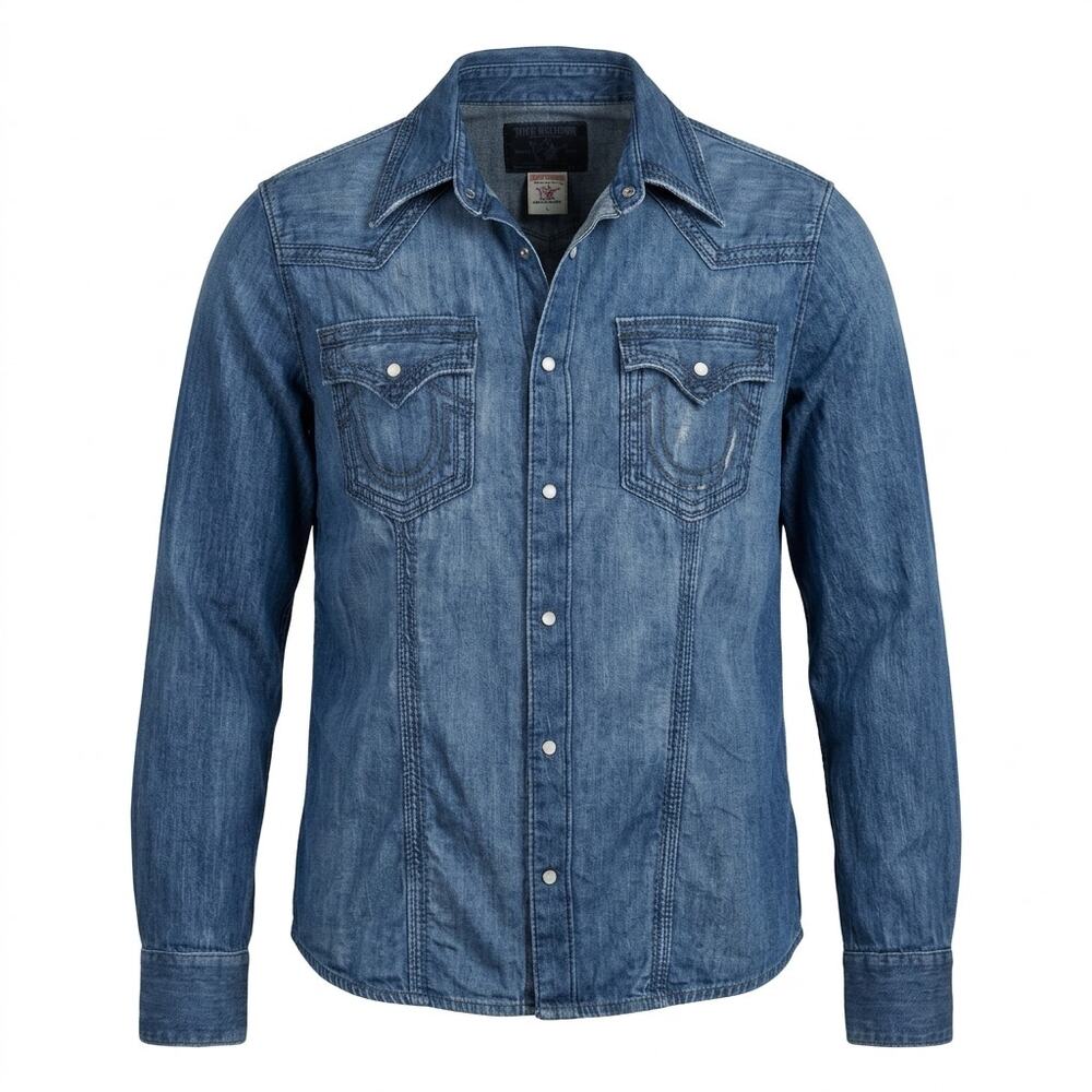 True Religion Rocky Blue Denim Western Snap Jacket Men Size L